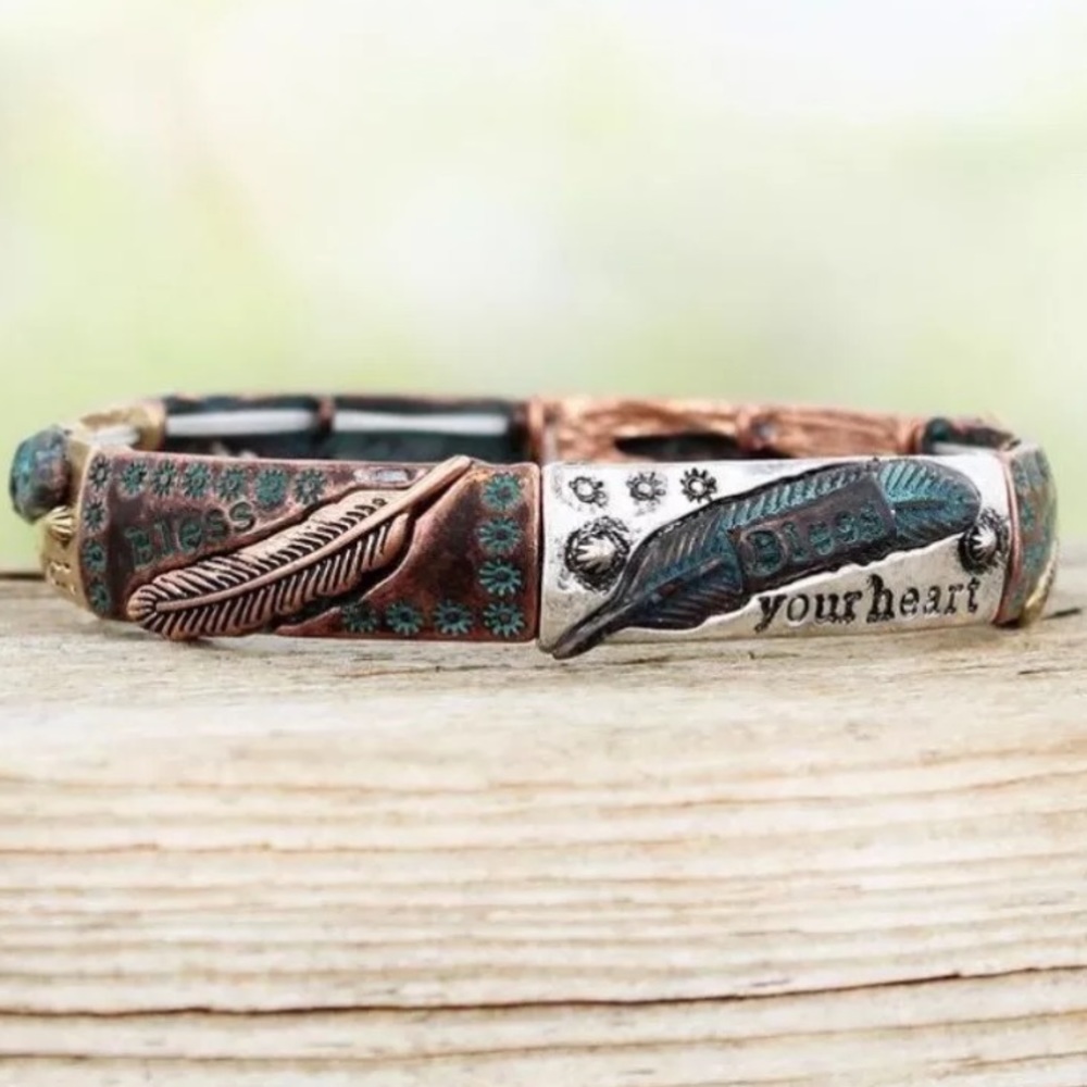 Burnished Patina Bless Your Heart Feather Bracelet
